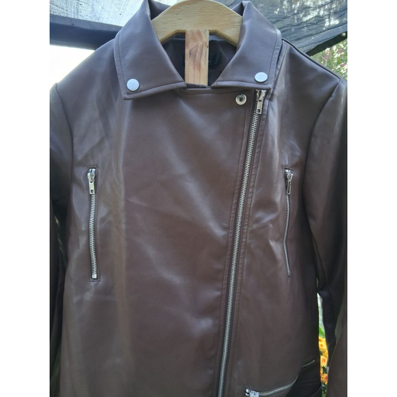 Lulus Brown Brave Behavior Vegan Leather Oversized Moto Jacket Sz S NWT Boutique - Picture 4 of 12